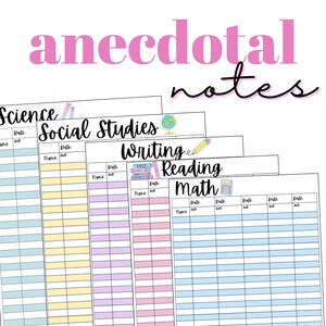 Puede incluir: Un conjunto de hojas de papel rayado en colores pastel, diseñadas para tomar notas, con títulos de materias como Ciencias, Estudios Sociales, Escritura, Lectura y Matemáticas. El texto "anecdotal notes" está en rosa.