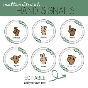 Eucalyptus Farmhouse Classroom Hand Signal Posters, Multicultural, Editable, Digital Download