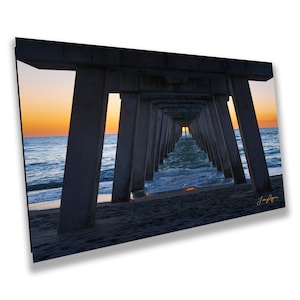 Molo di Venice Beach al tramonto, Venice Beach Florida, arte della parete, soggiorno, camera da letto, ufficio, dormitorio, tela, metallo, acrilico, carta fotografica lucida