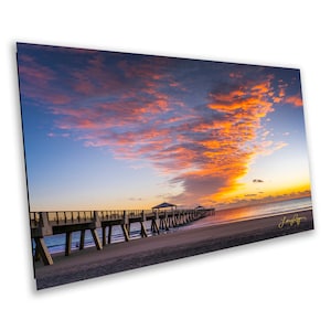 Juno Beach Sunrise, Pier, Juno Beach Florida, Arte murale, Soggiorno, Camera da letto, Ufficio, Dormitorio, Tela, Metallo, Acrilico, Carta fotografica lucida