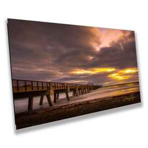 Molo di Juno Beach, Alba, Giove Florida, Arte della parete, Nuvole, Soggiorno, Camera da letto, Ufficio, Dormitorio, Tela, Metallo, Acrilico, Carta fotografica lucida