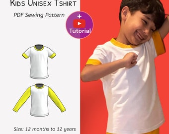 Kinder Unisex Tshirt PDF Schnittmuster mit langen und kurzen Ärmeln | 1 - 12 Jahre Kinder, Kleinkinder, Baby| Sofortiger Download