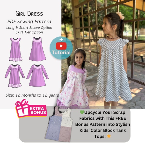 Girls Dress PDF Sewing Pattern with Long Sleeve Cap Sleeve and Tier Options|All Seasons Dress for girls,Baby,Toddlers| +FREE TankTop Pattern