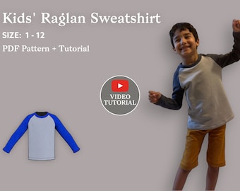 Kinder Raglan Sweatshirt Schnittmuster|+ Video Tutorial | Größen 1-12 | PDF Download| Einfaches Schnittmuster | Schnittmuster PDF| DIY Sweatshirt