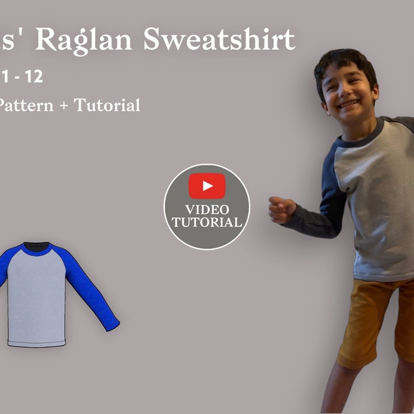 Patron de couture sweat raglan enfant | + Tutoriel vidéo | Tailles 1-12 | Téléchargement PDF| Patron de couture facile | Patrons de couture PDF| BRICOLAGE Sweat