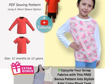 Unisex Kids Simple Tshirt PDF Sewing Pattern with Long & Short Sleeve Options| +FREE Bonus Tank Top Pattern-Use Fabric Scraps| baby| Toddler