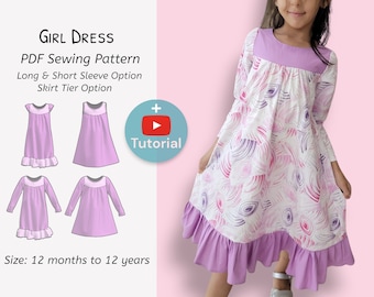 Girls Dress PDF Sewing Pattern with Long Sleeve Cap Sleeve and Tier Options|All Seasons Dress for girls, Baby, Toddlers