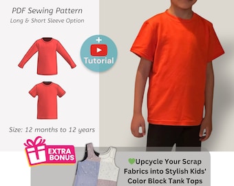 Unisex Kids Simple Tshirt PDF Sewing Pattern with Long & Short Sleeve Options| +FREE Bonus Tank Top Pattern-Use Fabric Scraps| baby| Toddler