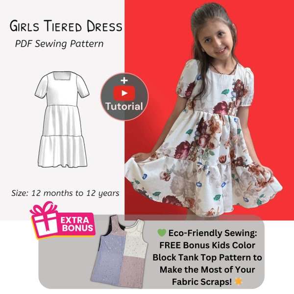 Twirl Dress Girls PDF Sewing Pattern| + FREE Bonus Tank Top Pattern - Use Your Fabric Scraps! |Twirling Tiered Dress |Girls Toddler Baby|