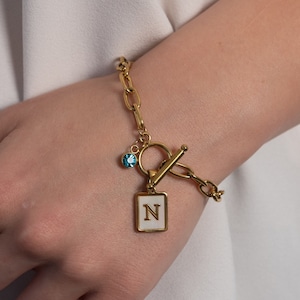 May include: Gold chain bracelet with a toggle clasp and a square charm with the letter "N" in white enamel. A small blue crystal dangles from the clasp.