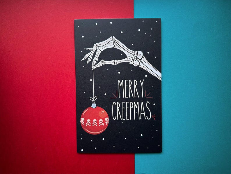 Merry Creepmas Greeting Card: Spooky Skull Holiday Art, Gothic Christmas Red