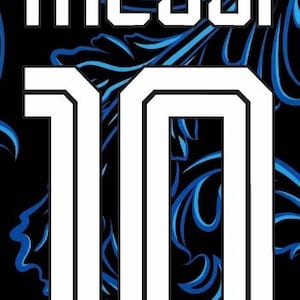 May include: A black background with a blue floral design. The word "MESSI" is in white block letters above the number "10" in white. The number "10" is in a large, bold font.