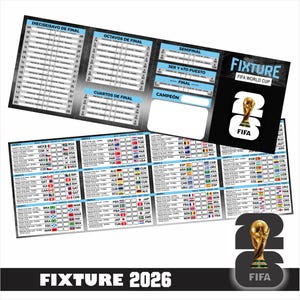 以下が含まれることがあります： 黒い背景と金色のトロフィーグラフィックを備えた、FIFAワールドカップ2026の試合表。試合スケジュール、チームフラッグ、およびテキスト「FIXTURE 2026」が含まれています。FIFAのロゴも表示されています。