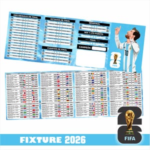 Può includere: Un tabellone degli incontri della Coppa del Mondo FIFA 2026. Il design presenta uno sfondo azzurro chiaro con orari delle partite, bandiere delle squadre e una grafica di un calciatore. È presente anche il trofeo FIFA.