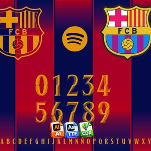 May include: A digital graphic featuring the FCB crest in two colour variations, a yellow Spotify logo, and the numbers 0 through 9 in a stylised font. Below are file format icons for AI, TTF, and CDR, followed by the alphabet from A to Z.