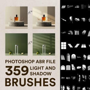 May include: A set of 359 Photoshop ABR light and shadow brushes. The image shows two examples of how the brushes can be used to create realistic light and shadow effects in a photo. The brushes are perfect for adding depth and dimension to your photos.