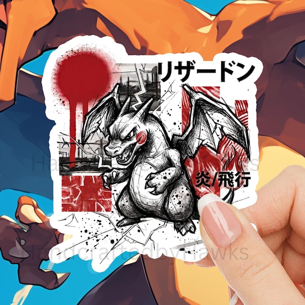 Charizard Trash Polka Sticker | Dark Anime Tattoo Decal | Cyberpunk Japanese Kanji Pokémon Vinyl for Laptop & Hydro Flask