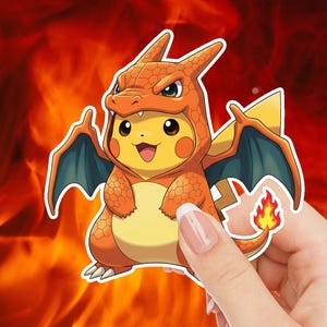 May include: A sticker featuring a yellow Pikachu character wearing an orange Charizard costume. The sticker has a white border and a flame detail. The background is a fiery orange.