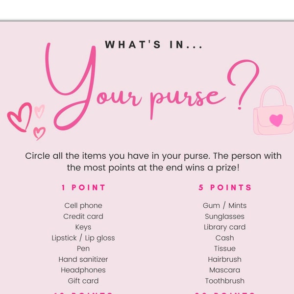 Bridal Shower Baby Shower Game Instant Digital Download Printable What's In Your Purse? Pink Bridal Shower Games Baby Shower Games Girl
