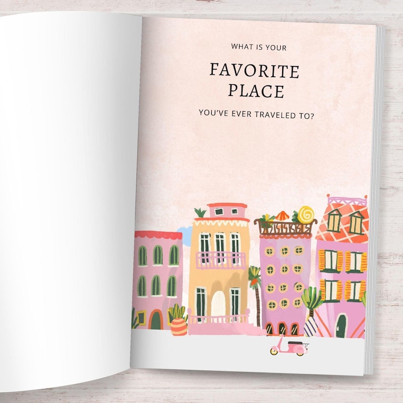 Puede incluir: P&aacute;gina abierta de un diario con una ilustraci&oacute;n de edificios coloridos en rosa, amarillo y naranja. El texto dice: "&iquest;CU&Aacute;L ES TU LUGAR FAVORITO AL QUE HAS VIAJADO?" Tambi&eacute;n se muestra un scooter rosa.