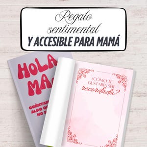 Puede incluir: Dos libros abiertos con el texto "HOLA MA" y "&iquest;C&Oacute;MO TE GUSTAR&Iacute;A SER recordada?" sobre una superficie de madera clara. La parte superior de la imagen tiene el texto "Regalo sentimental Y ACCESIBLE PARA MAM&Aacute;" en un rect&aacute;ngulo negro.