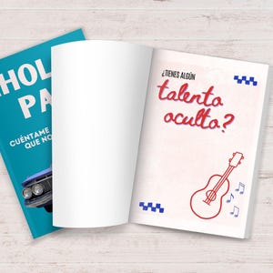 May include: An open book with the text "&iquest;TIENES ALG&Uacute;N talento oculto?" in red and blue, accompanied by a red guitar illustration and musical notes. A teal book with the text "HOL PA" and "CU&Eacute;NTAME QUE NO" is visible on the left.