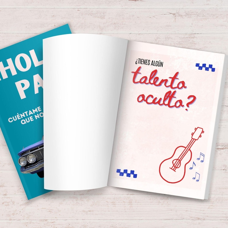 May include: An open book with the text "&iquest;TIENES ALG&Uacute;N talento oculto?" in red and blue, accompanied by a red guitar illustration and musical notes. A teal book with the text "HOL PA" and "CU&Eacute;NTAME QUE NO" is visible on the left.