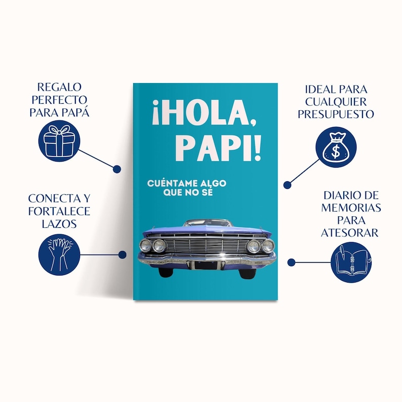 May include: A teal journal with the text "&iexcl;HOLA, PAPI!" and a classic car illustration. The journal also includes the text "CU&Eacute;NTAME ALGO QUE NO S&Eacute;". The journal is a gift for fathers and a diary of memories.