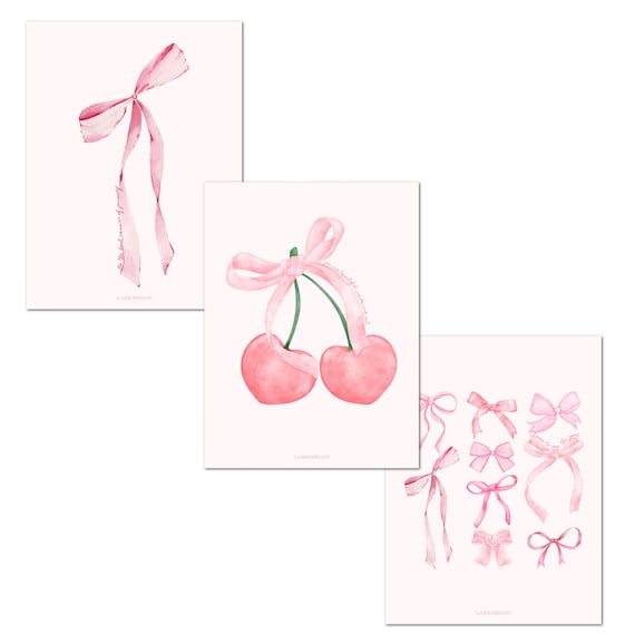 Coquette Room Decor: Positive Affirmation Posters, Pink Bow Art (12x16 Unframed Set of 3)