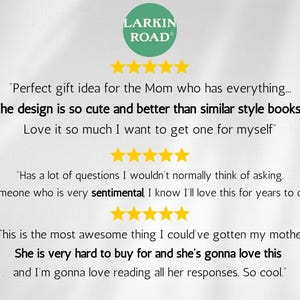 Puede incluir: Gr&aacute;fico con rese&ntilde;as de clientes y un logotipo de "Larkin Road". Las rese&ntilde;as incluyen frases como "El dise&ntilde;o es tan lindo" y "Es muy dif&iacute;cil de comprar".