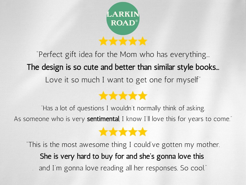 Puede incluir: Gr&aacute;fico con rese&ntilde;as de clientes y un logotipo de "Larkin Road". Las rese&ntilde;as incluyen frases como "El dise&ntilde;o es tan lindo" y "Es muy dif&iacute;cil de comprar".