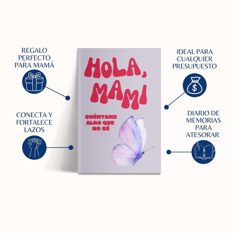 Puede incluir: Un diario con las palabras "Hola, Mami" en rojo y una ilustraci&oacute;n de mariposa morada. El diario tiene texto en espa&ntilde;ol y es un regalo para madres. Es un diario de recuerdos para atesorar.