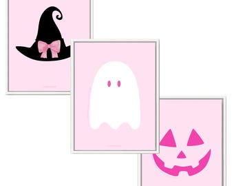 Pink Halloween Poster Set: Ghost, Pumpkin, Witch Decor (12x16 Unframed)