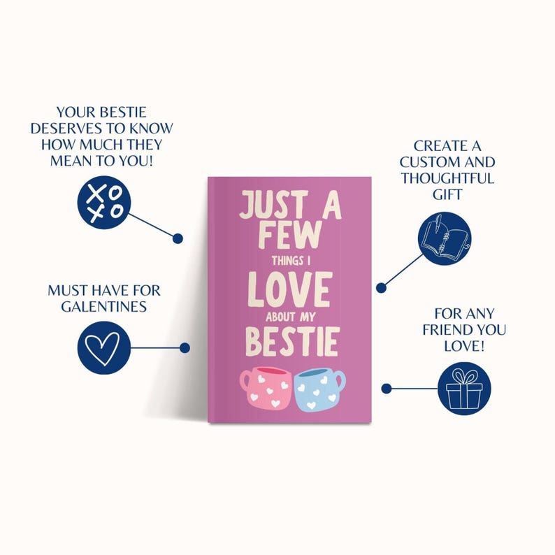 May include: A pink journal with the text "Just a Few Things I Love About My Bestie." The cover features two mugs, one pink with white hearts and one blue with white hearts. The journal is a thoughtful gift.