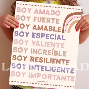 LARKINROAD Spanish Positive Affirmations Wall Art Poster Print 11x14 Unframed Spanish Classroom Decor Spanish Mental Health Poster Kids Art