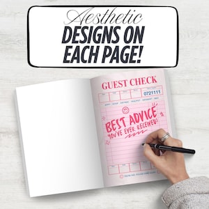 Puede incluir: Un cuaderno abierto con un dise&ntilde;o de recibo de invitado rosa en la p&aacute;gina derecha. El texto "BEST ADVICE YOU'VE EVER RECEIVED?" est&aacute; escrito en rosa. La parte superior de la p&aacute;gina dice "GUEST CHECK" y el cuaderno tiene el texto "Aesthetic DESIGNS ON EACH PAGE!" encima.