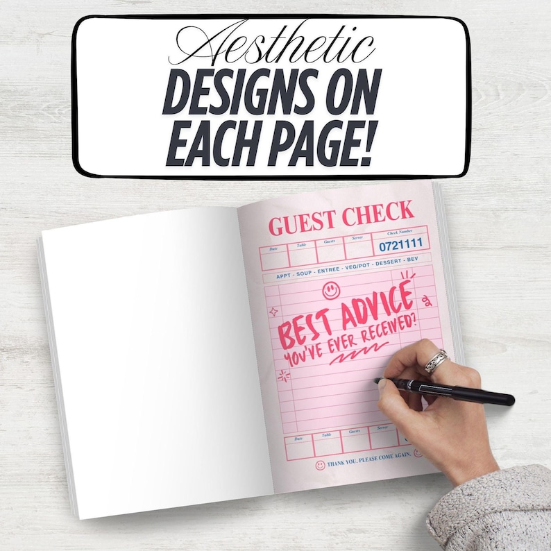 Puede incluir: Un cuaderno abierto con un dise&ntilde;o de recibo de invitado rosa en la p&aacute;gina derecha. El texto "BEST ADVICE YOU'VE EVER RECEIVED?" est&aacute; escrito en rosa. La parte superior de la p&aacute;gina dice "GUEST CHECK" y el cuaderno tiene el texto "Aesthetic DESIGNS ON EACH PAGE!" encima.