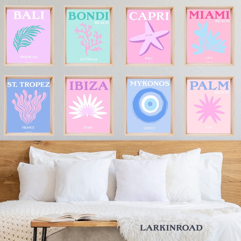 DIGITAL DOWNLOAD 8-pack Coastal Wall Art, Preppy Room Decor, Pink Dorm ...