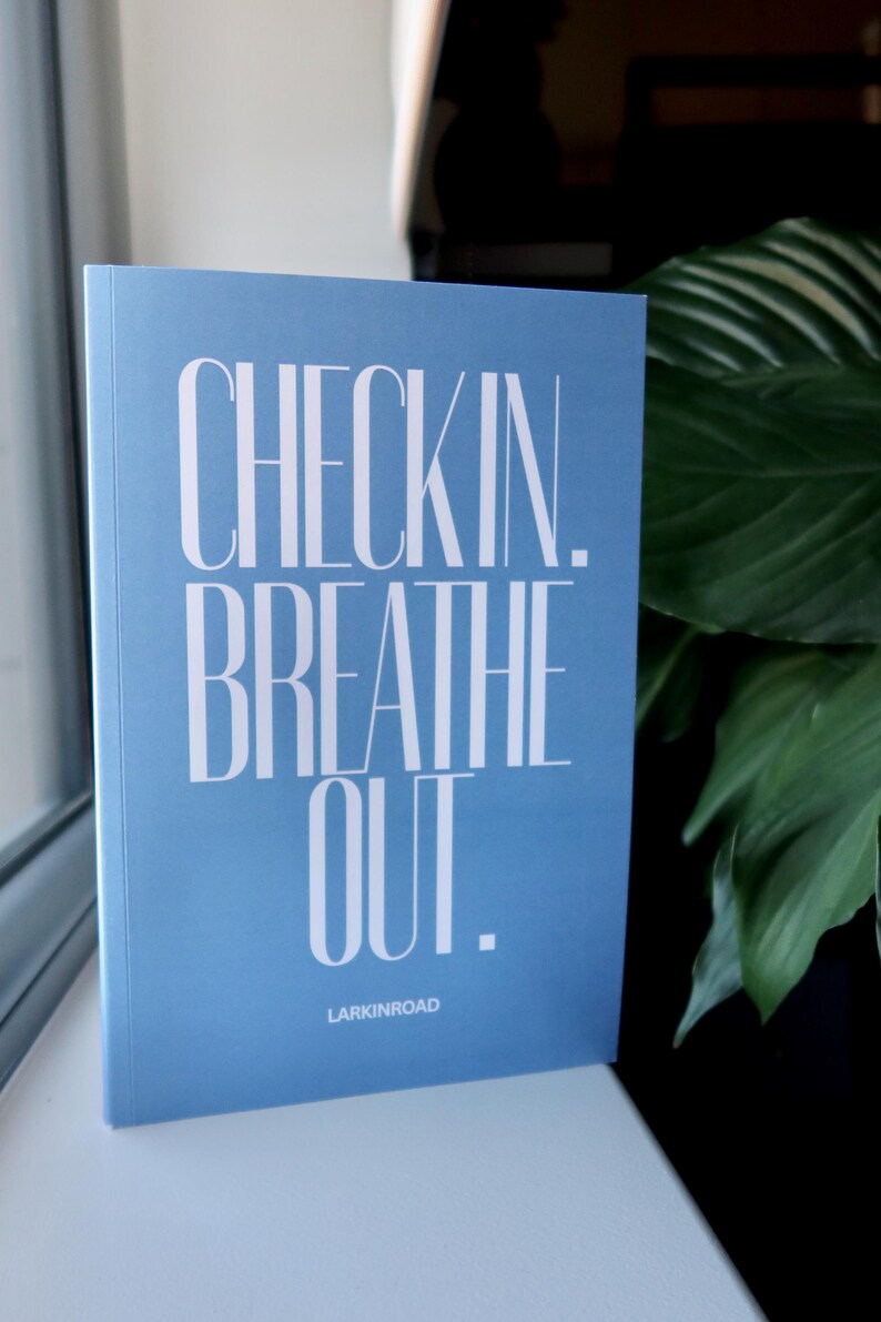 K&ouml;nnte beinhalten: Ein hellblaues Buch mit den Worten "CHECKIN. BREATHE OUT." in wei&szlig;er, stilisierter Schrift. Der Text "LARKINROAD" ist darunter gedruckt. Das Buch liegt auf einer wei&szlig;en Oberfl&auml;che, mit einer gr&uuml;nen Pflanze im Hintergrund.
