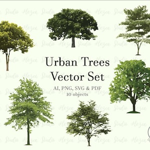 Puede incluir: Ilustración digital de un conjunto de árboles urbanos en varias formas y tonos de verde. Se muestra el texto "Urban Trees Vector Set", junto con información sobre el formato de archivo. Fondo de color beige claro.