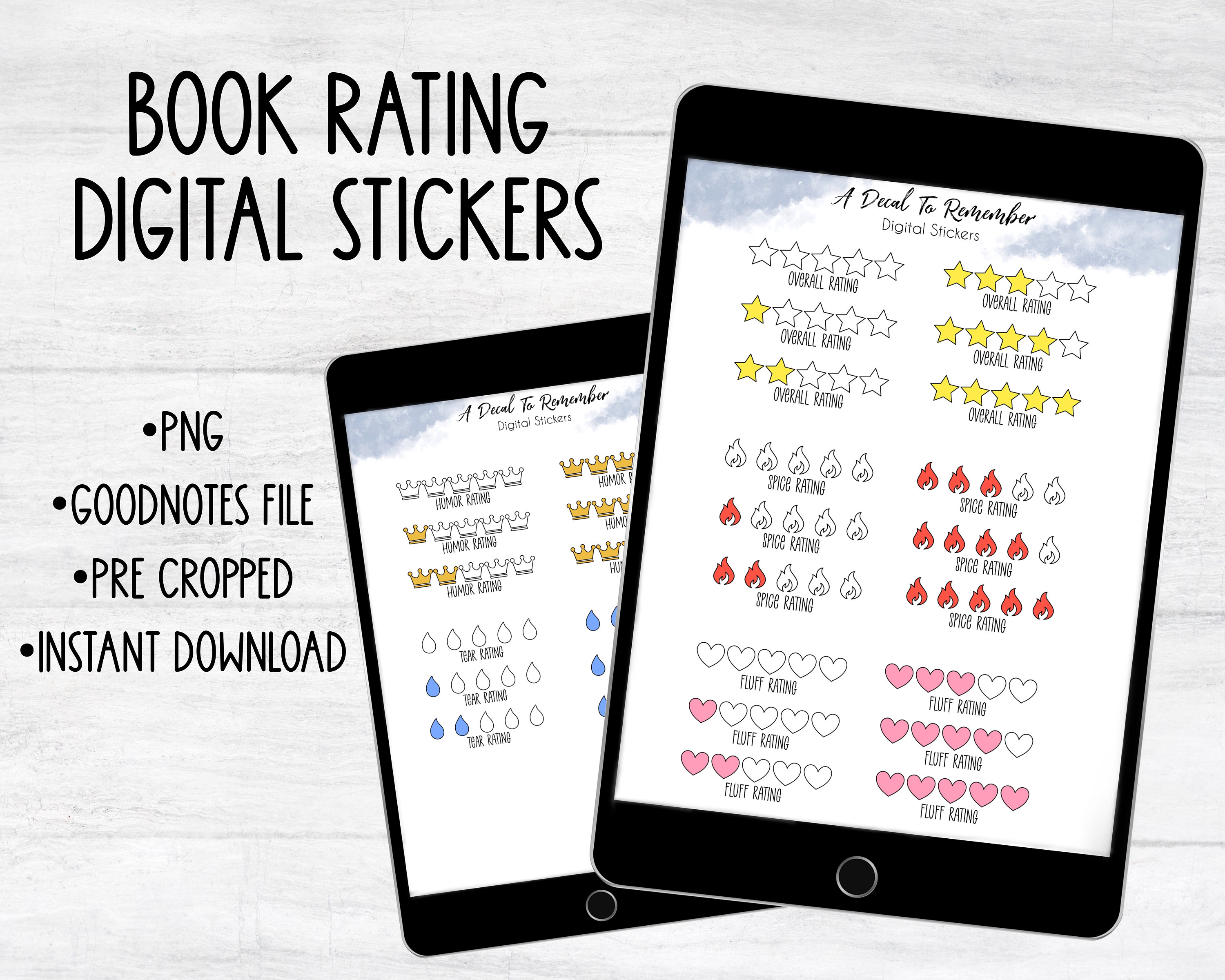 Book Rating Digital Stickers, Star Rating, Spice Rating, Fluff Rating, Humor Rating, Tear Rating, Goodnotes Sticker Book, Pre Cropped