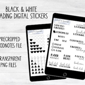 Black and White Reading Digital Stickers | Precropped Goodnotes Sticker Book for Readers | Bookworm Digital Stickers | Book Lover