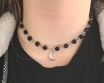 Stevie Nicks/Practical Magic Inspired Crescent Moon Witchy Necklace//Silver Whimsigoth 90s Choker with Black Beads and Flower Toggle Clasp