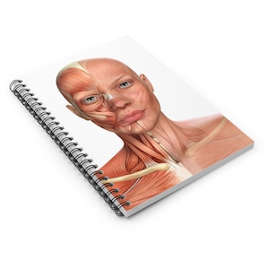 Pode incluir: Caderno espiralado com uma ilustração anatómica detalhada dos músculos da cabeça e pescoço humanos. A capa apresenta uma representação realista da musculatura, com foco no rosto e na parte superior do tronco. Fundo branco.