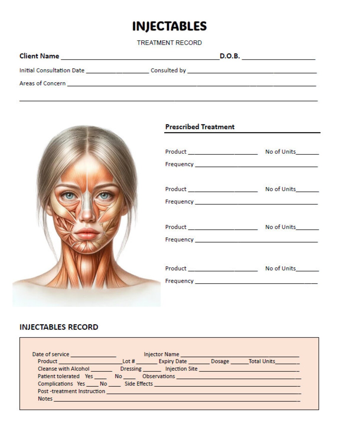 Injectables Treatment Record Female Version, Nurse Injector ...