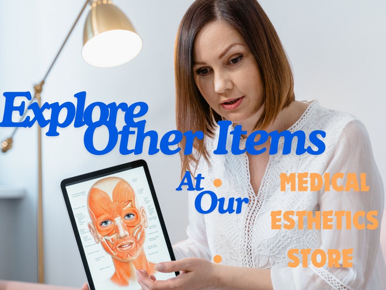 Puede incluir: Una mujer sostiene una tableta que muestra un diagrama de los m&uacute;sculos faciales. El texto en la pantalla dice "Explore Other Items At Our Medical Esthetics Store."