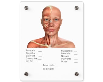 Customized Facial Anatomy Acrylic Dry Erase Board for Note Taking/Charting, Facial Muscles, Cosmetic Nurse Doctor Injector Tool, Visual Aid