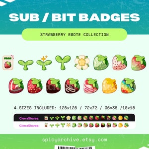 Cute Strawberry Sub / Bit Badges | Stream Emotes for Twitch, YouTube, and Discord | Kawaii Cottagecore Dessert Fruit Badges