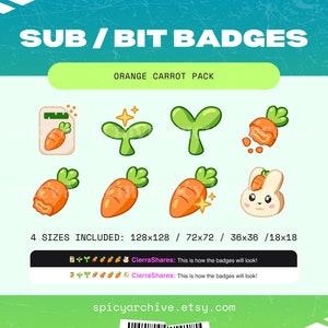 Cute Carrot Twitch Sub Badges / Bit Emotes | Orange Carrot & Bunny Emotes for Twitch, YouTube, and Discord | Spring + Easter Stream Graphics