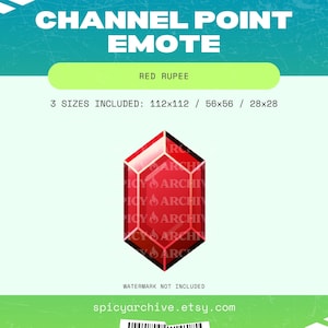 Può includere: Emote di punto canale rupia rossa in tre dimensioni: 112x112, 56x56 e 28x28 pixel. L'emote è una gemma rossa ottagonale con una superficie lucida e riflettente.